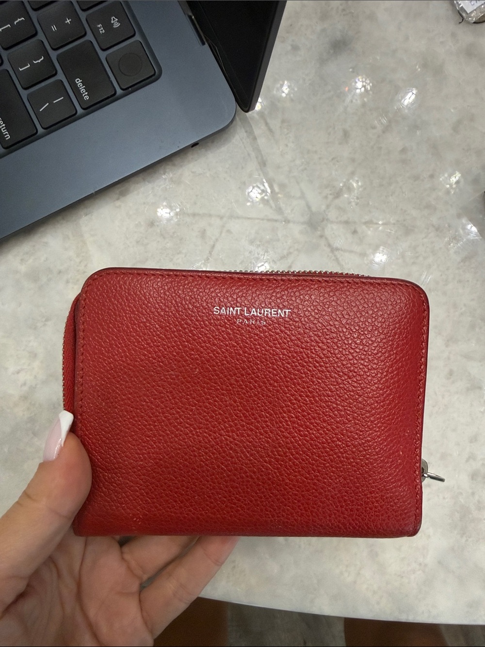 Authentic Saint Laurent Red Pebbled Leather Zip-Around Wallet